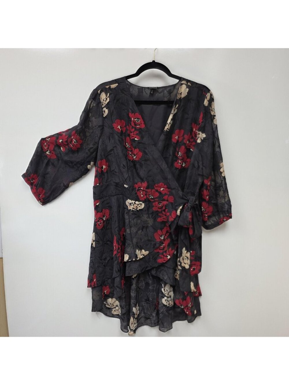 Torrid Dress Womens 1 Gray Floral Chiffon Wrap Hi Low Ruffle Hem 3/4 Sleeve